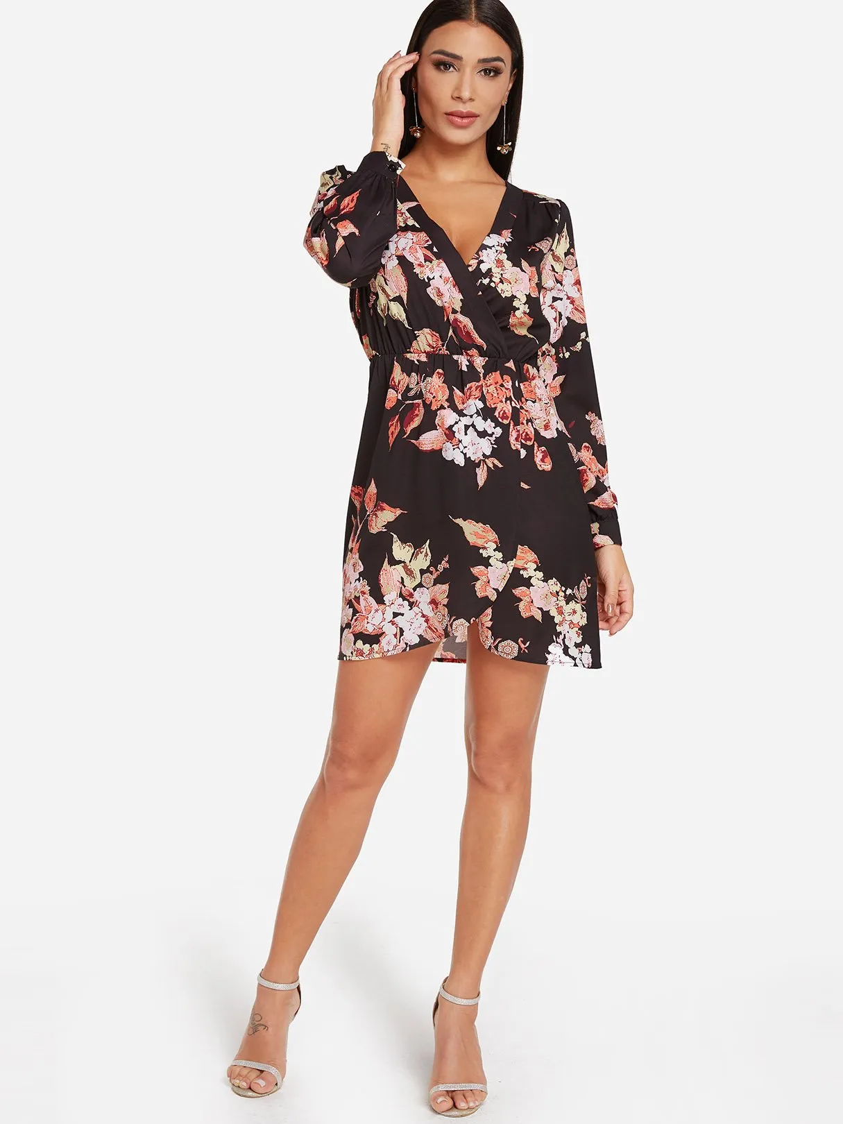 Wholesale Black Deep V Neck Long Sleeve Floral Print Crossed Front Slit Hem Dresses