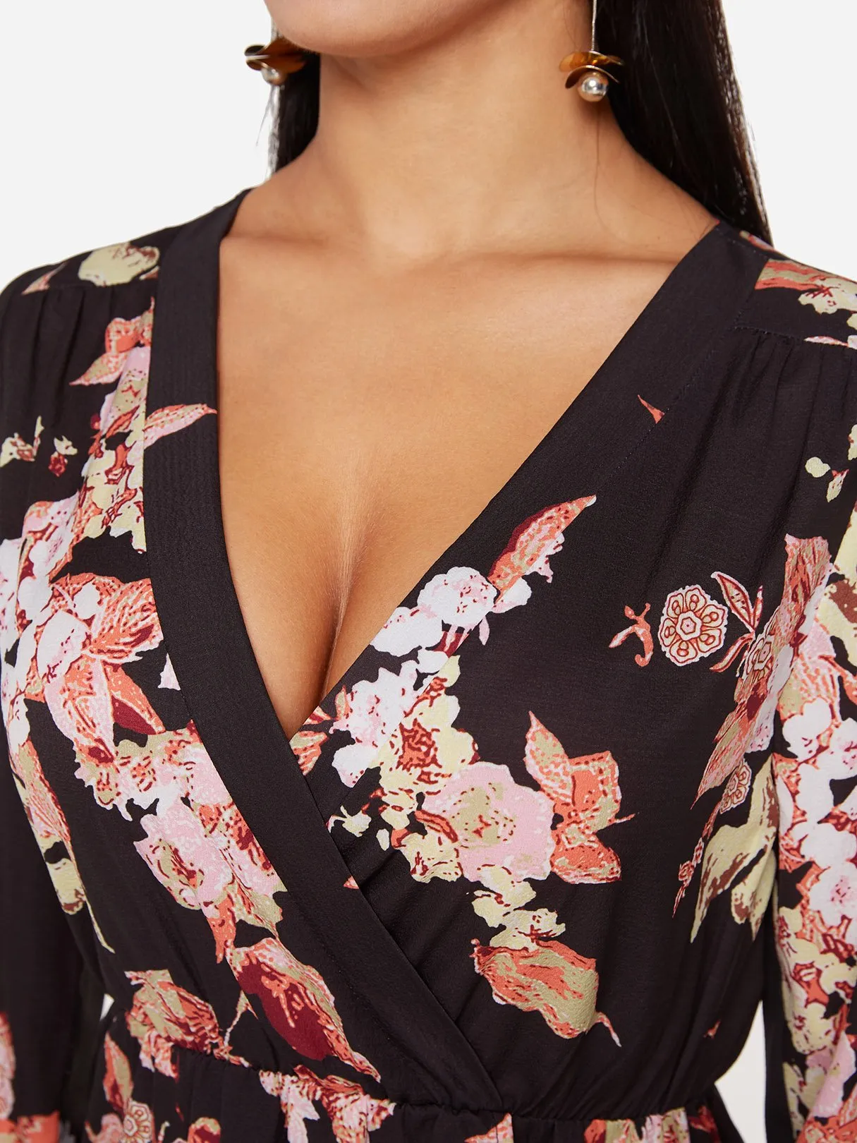 Wholesale Black Deep V Neck Long Sleeve Floral Print Crossed Front Slit Hem Dresses
