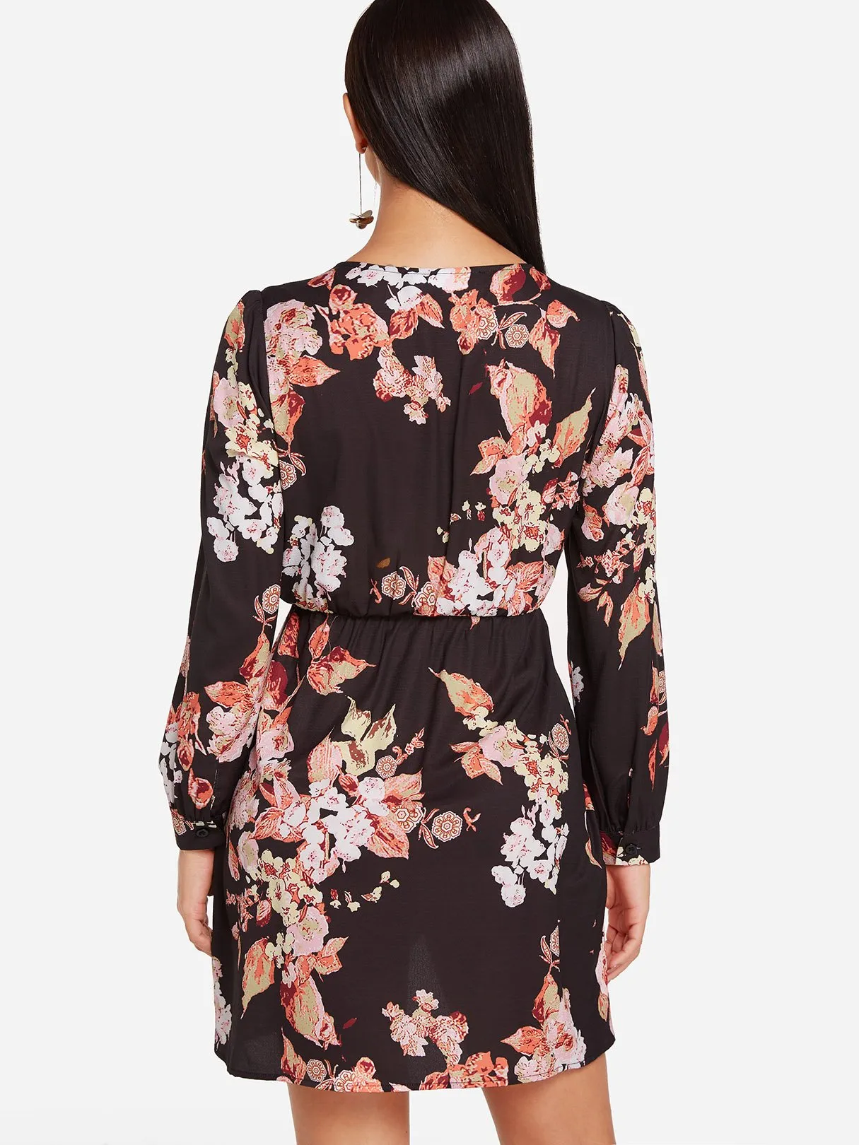 Wholesale Black Deep V Neck Long Sleeve Floral Print Crossed Front Slit Hem Dresses