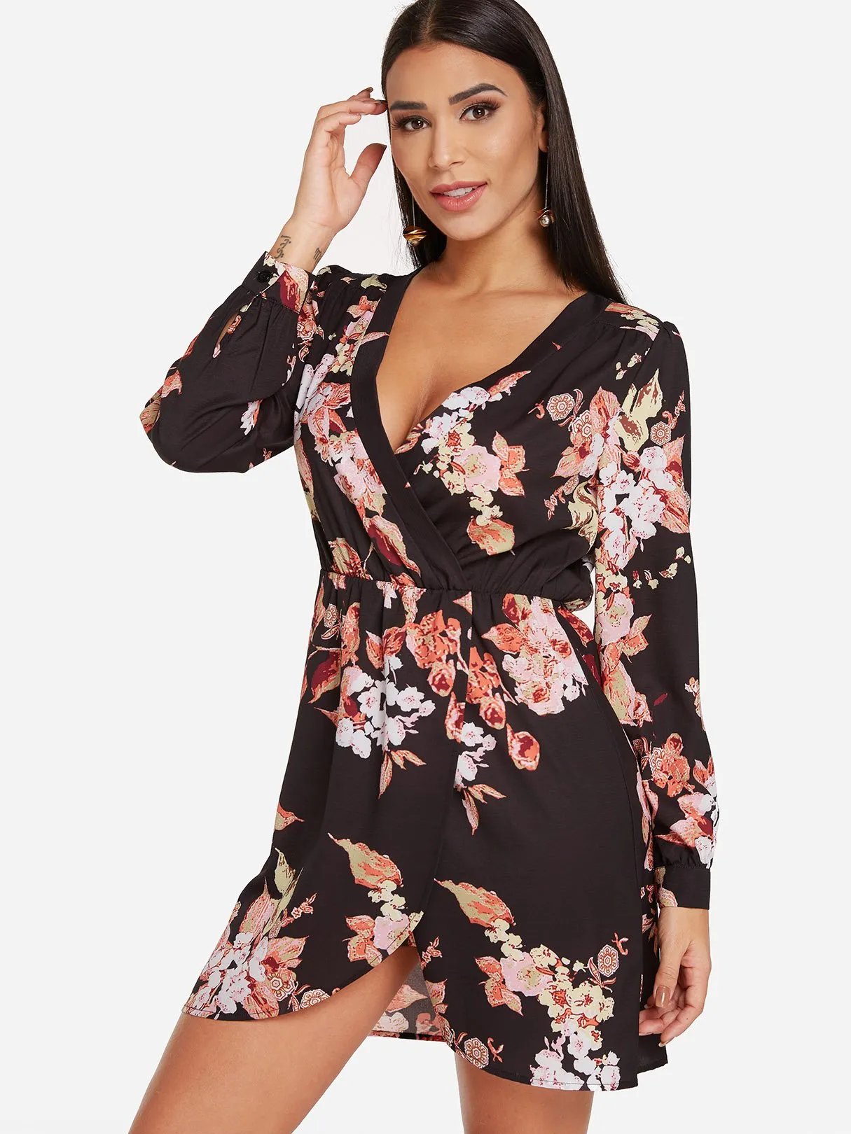 Wholesale Black Deep V Neck Long Sleeve Floral Print Crossed Front Slit Hem Dresses