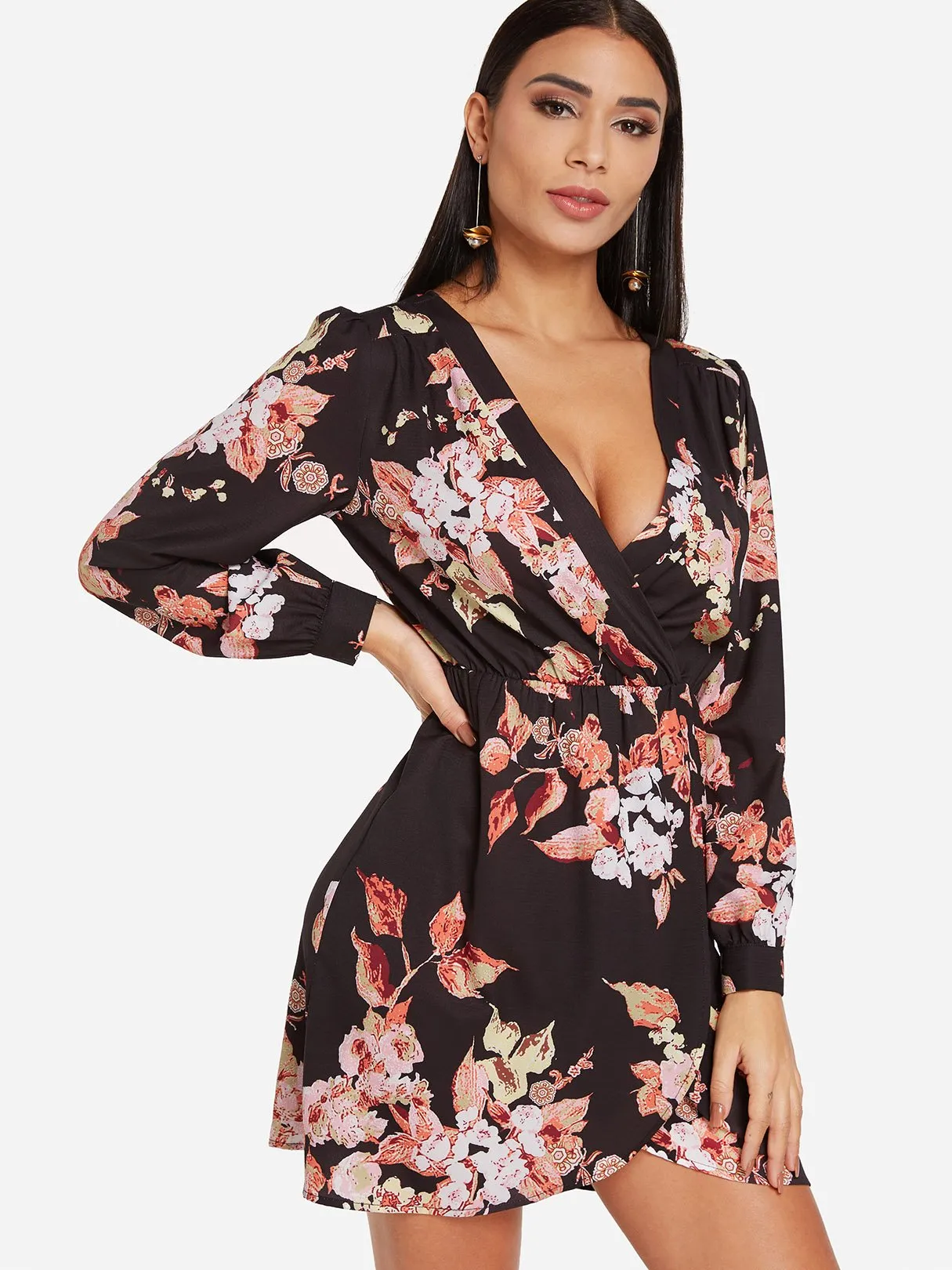Wholesale Black Deep V Neck Long Sleeve Floral Print Crossed Front Slit Hem Dresses