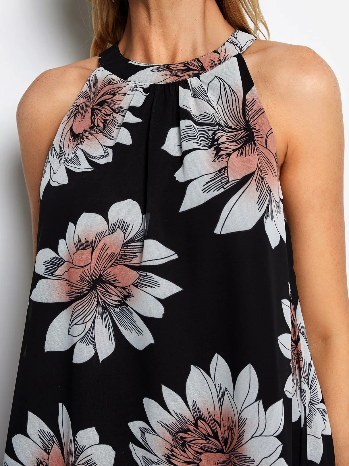 Wholesale Black Halter Sleeveless Floral Print Cut Out Dresses