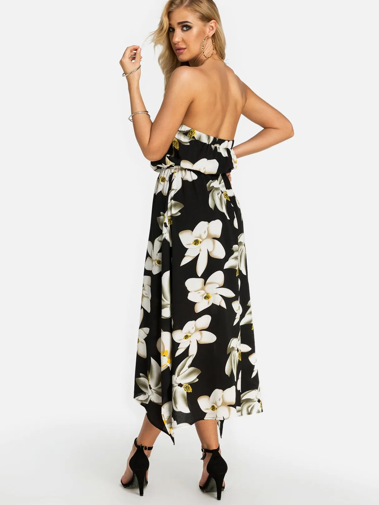 Wholesale Black Strapless Sleeveless Floral Print Lace-Up Irregular Hem Dresses