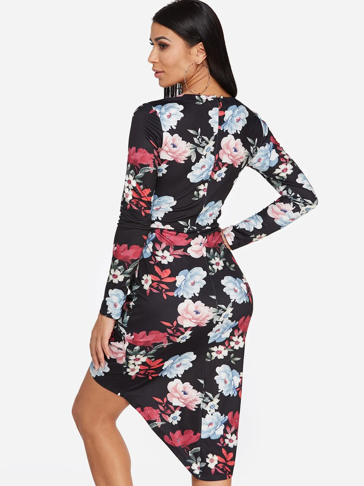 Wholesale Deep V Neck Long Sleeve Floral Print Crossed Front Cut Out Slit Hem Dresses