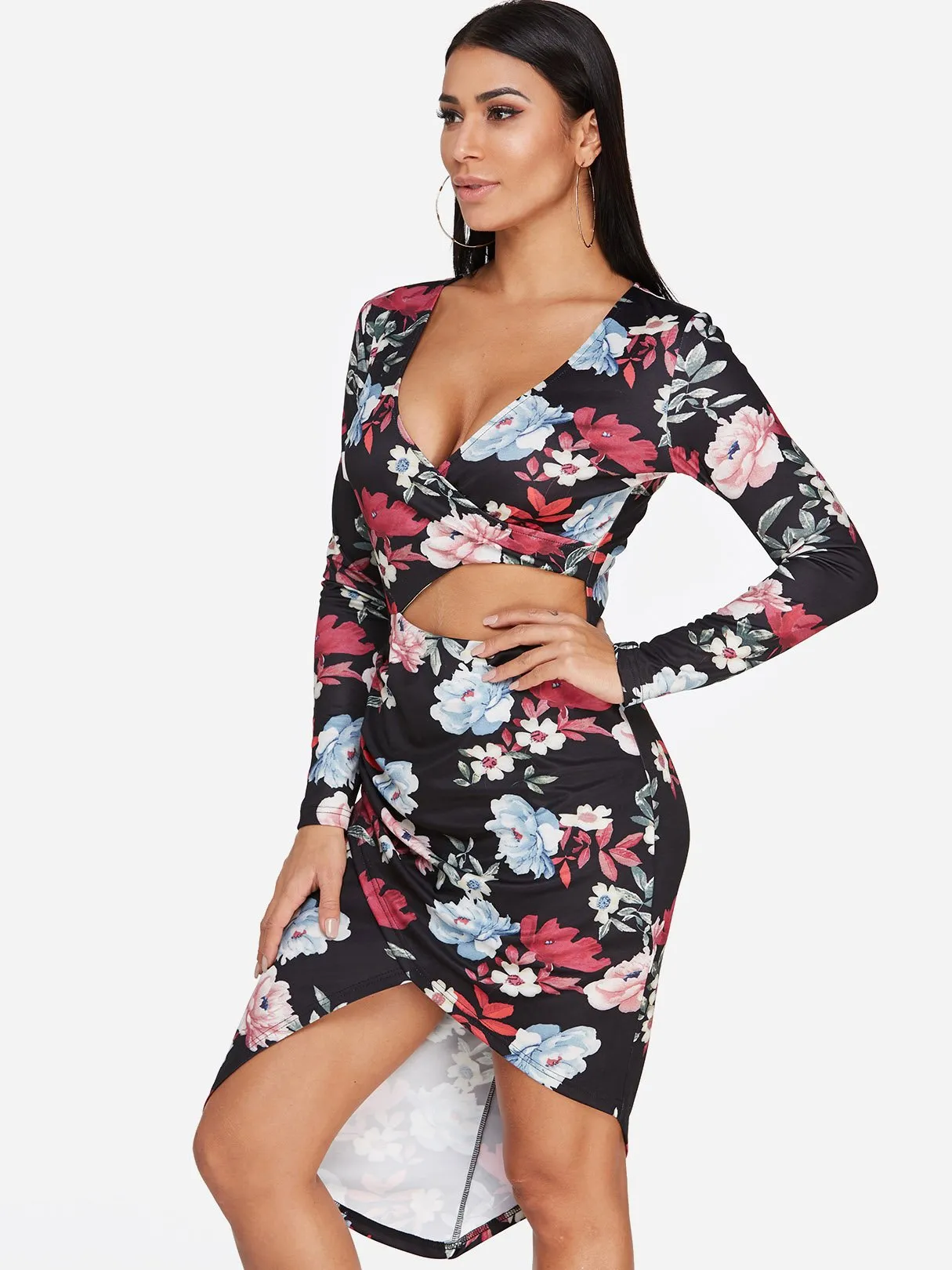 Wholesale Deep V Neck Long Sleeve Floral Print Crossed Front Cut Out Slit Hem Dresses