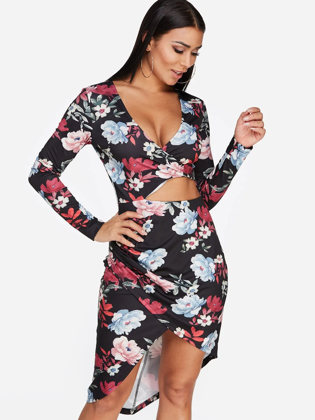 Wholesale Deep V Neck Long Sleeve Floral Print Crossed Front Cut Out Slit Hem Dresses