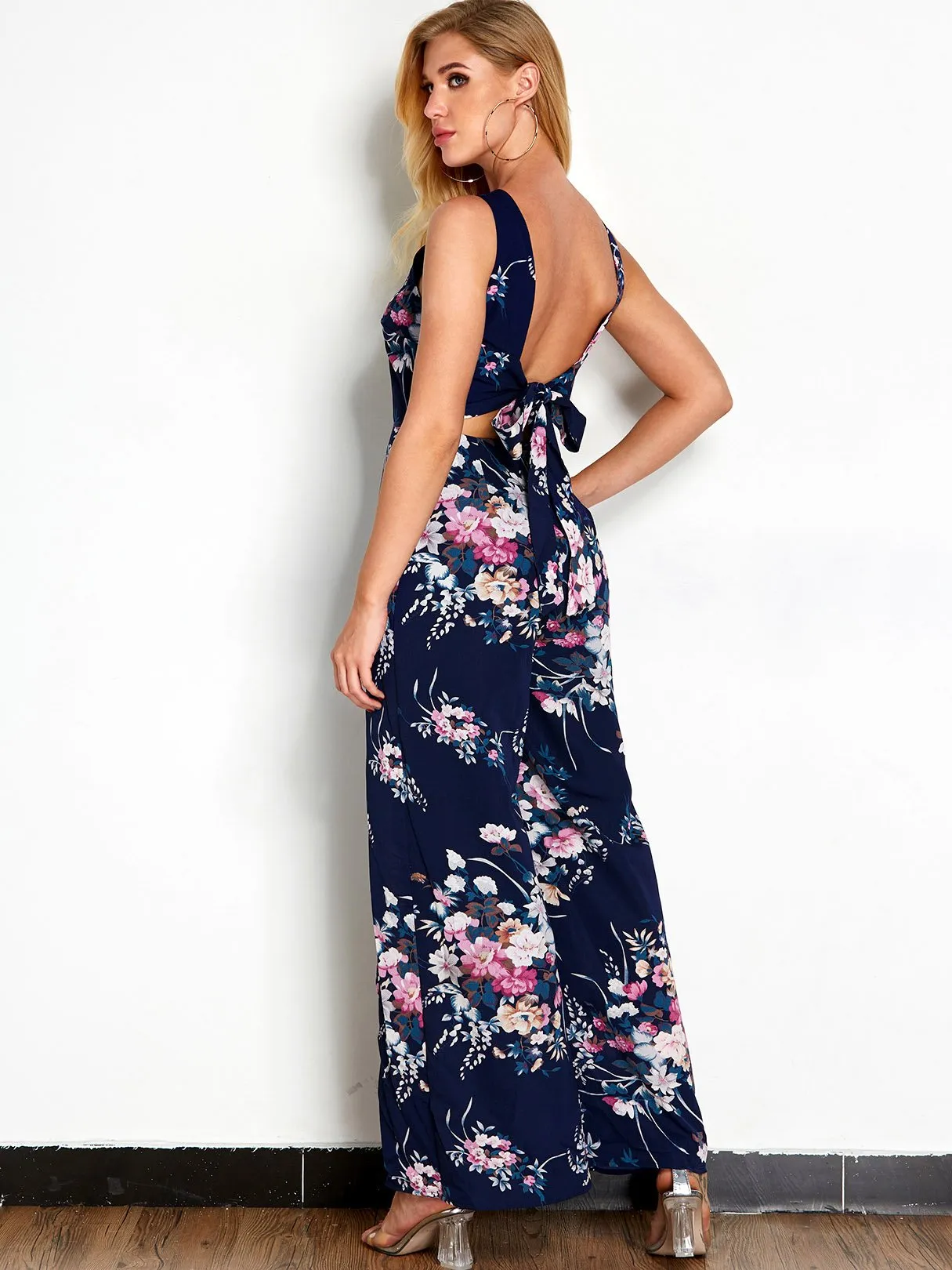Wholesale Navy Halter Sleeveless Floral Print Backless Lace-Up Slit Hem Dresses