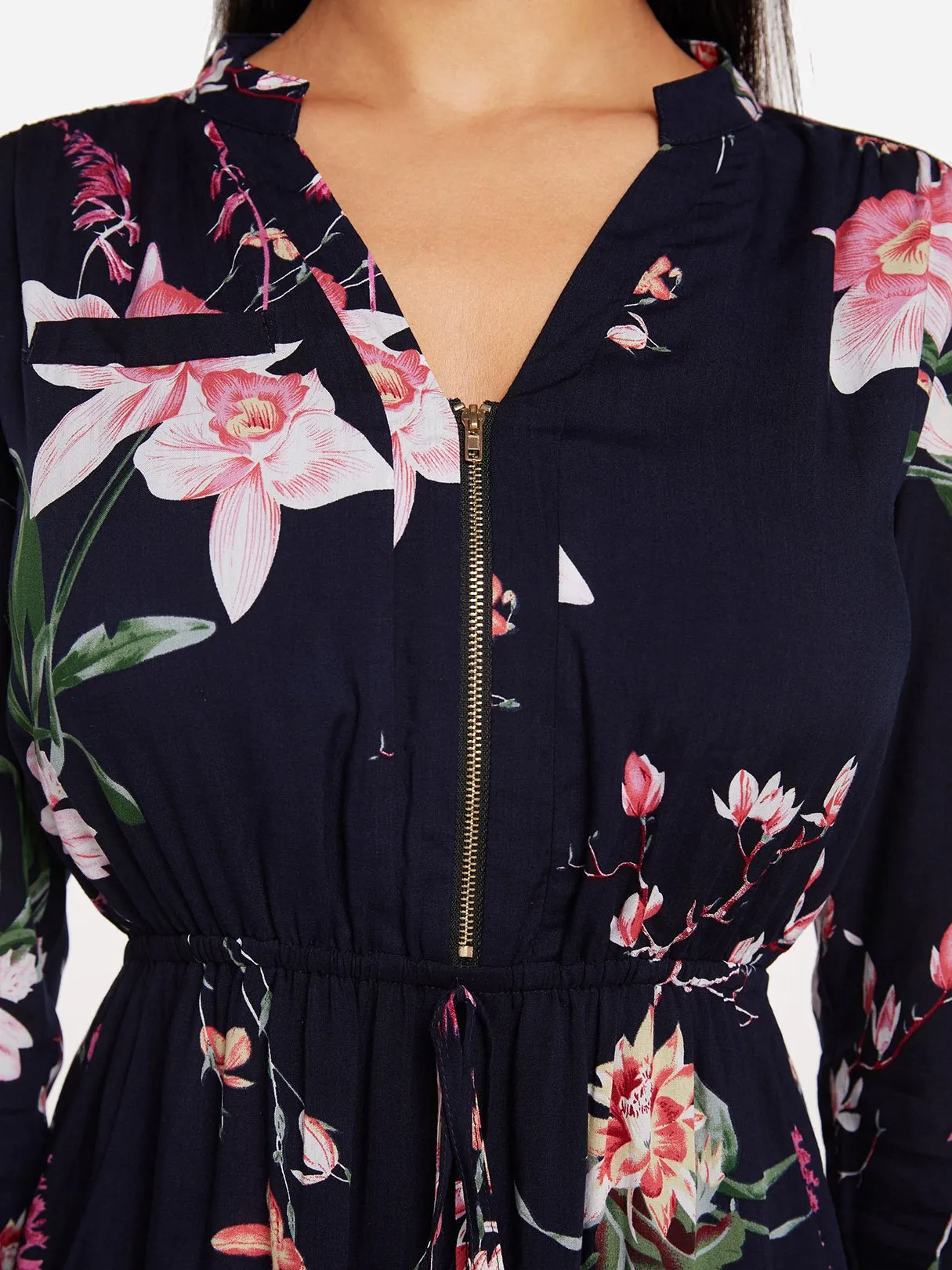 Wholesale Navy V-Neck Long Sleeve Floral Print Zip Back Side Pockets Curved Hem Dresses