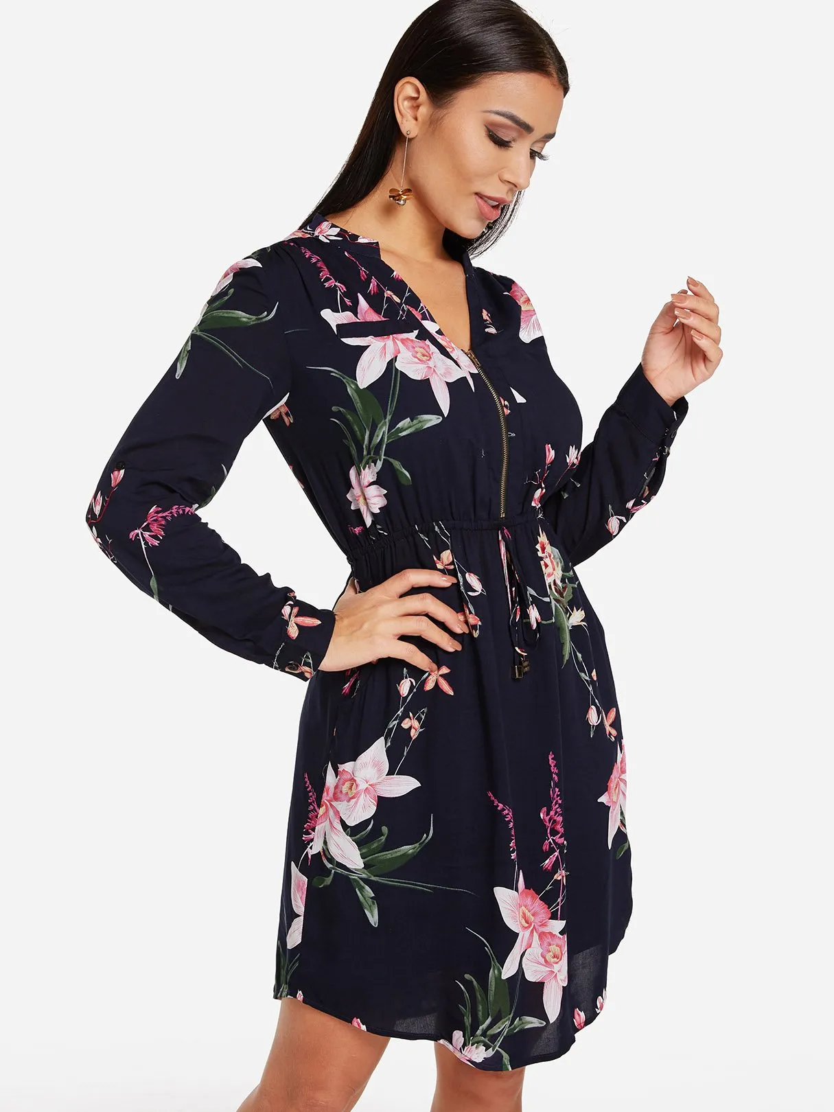 Wholesale Navy V-Neck Long Sleeve Floral Print Zip Back Side Pockets Curved Hem Dresses