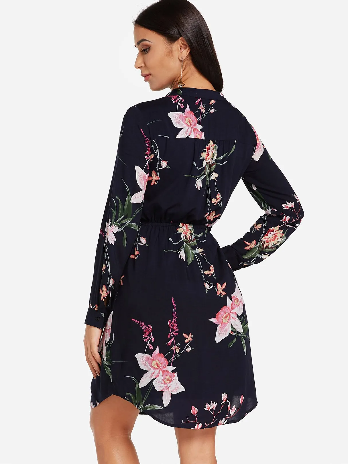 Wholesale Navy V-Neck Long Sleeve Floral Print Zip Back Side Pockets Curved Hem Dresses