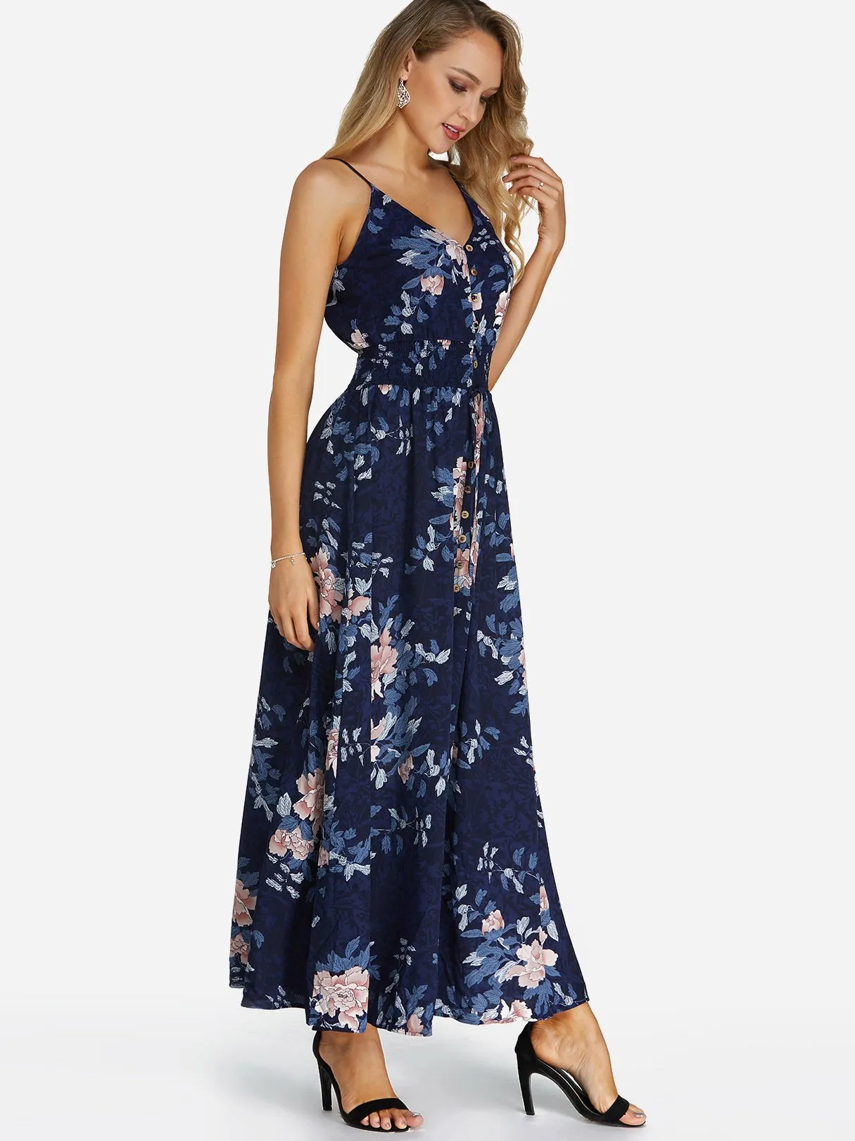 Wholesale Navy V-Neck Sleeveless Floral Print Slit Hem Dresses