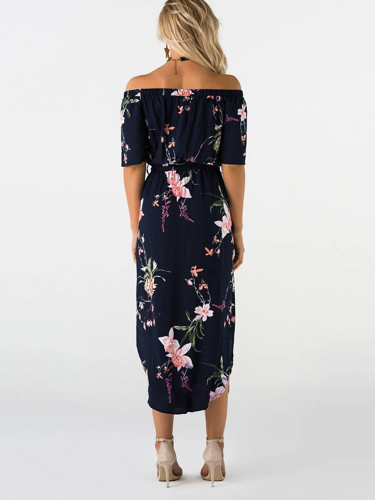 Wholesale Off The Shoulder Floral Print Self-Tie Short Sleeve Slit Hem Navy Dresses