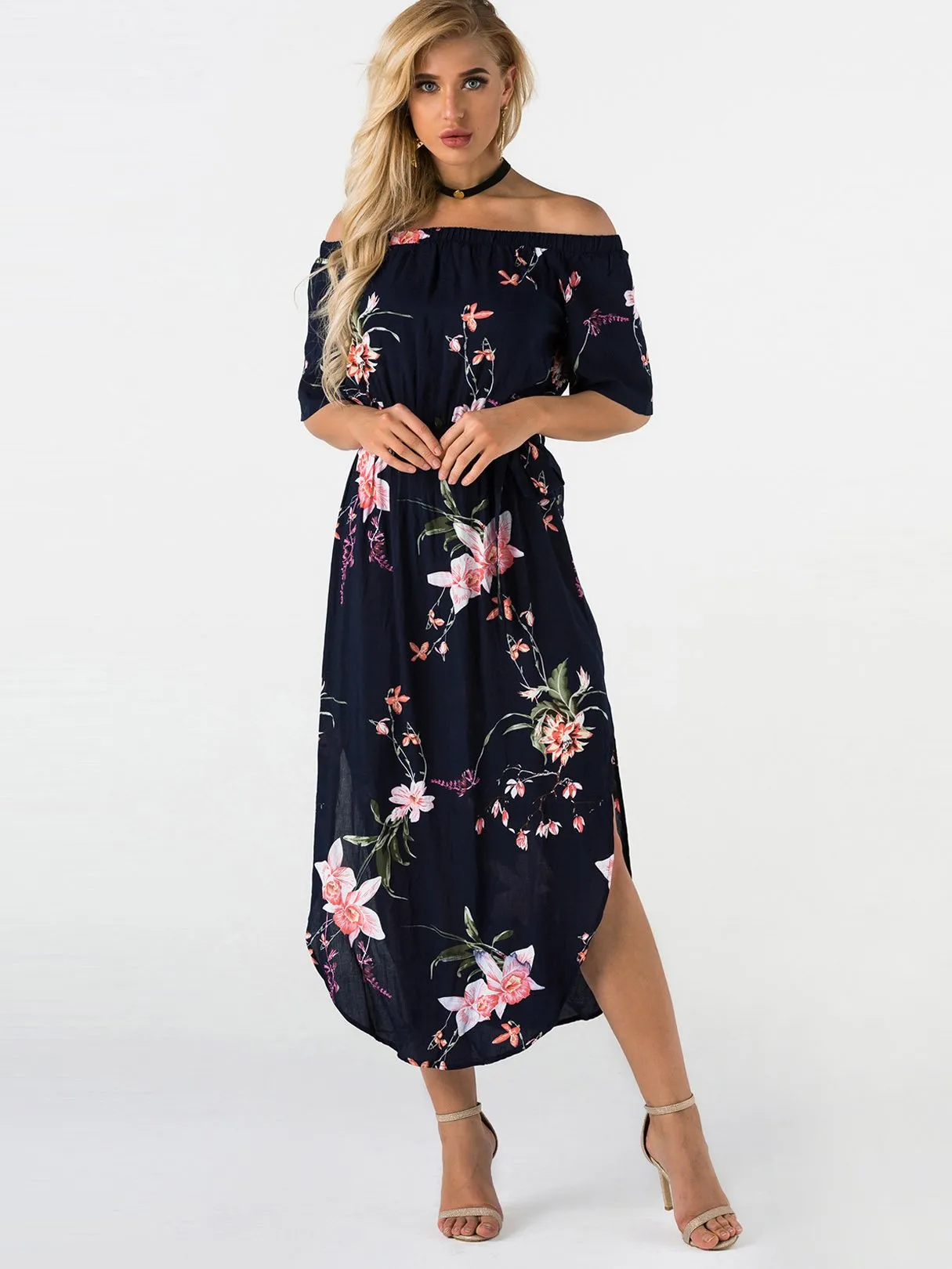 Wholesale Off The Shoulder Floral Print Self-Tie Short Sleeve Slit Hem Navy Dresses