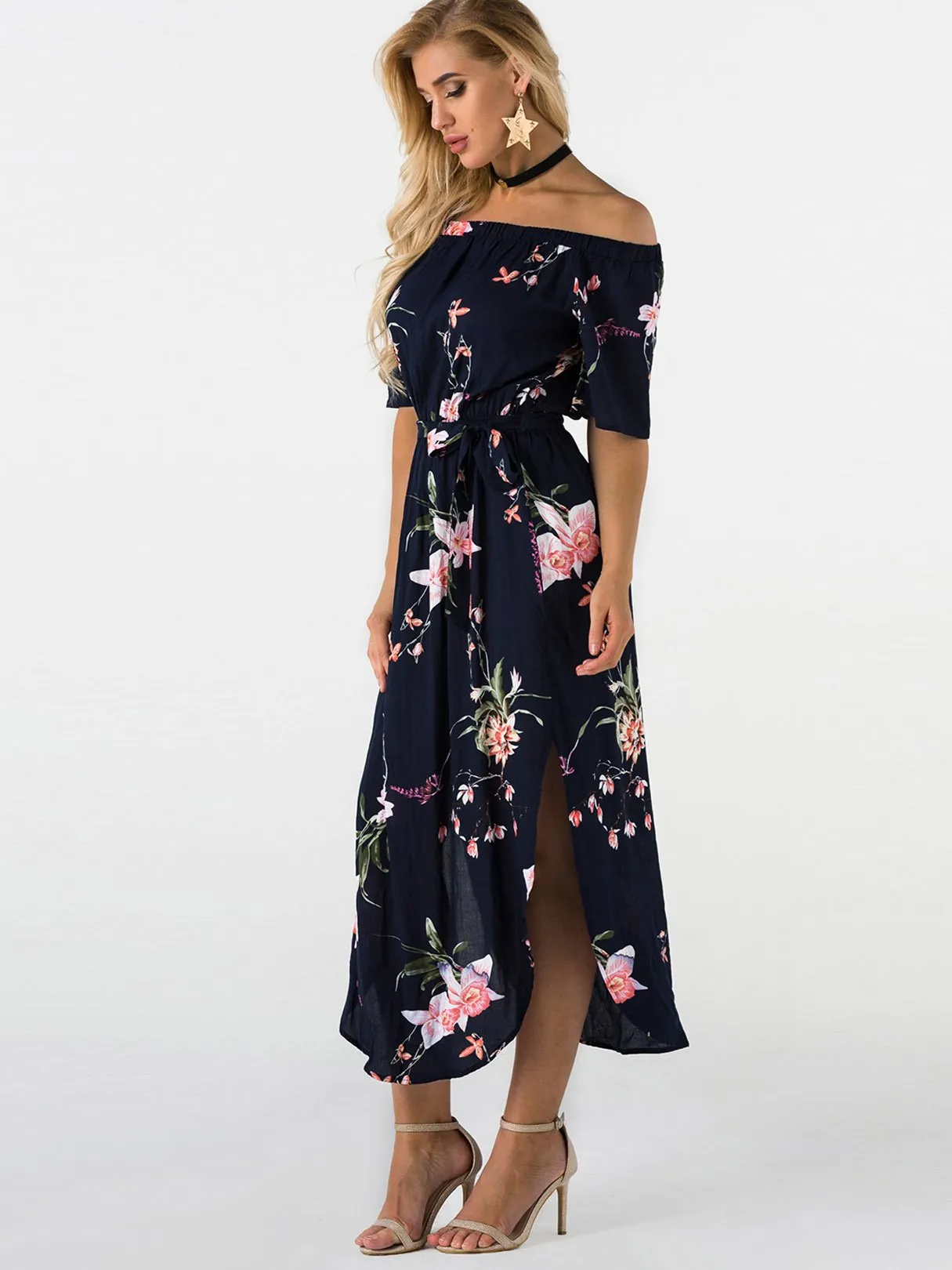 Wholesale Off The Shoulder Floral Print Self-Tie Short Sleeve Slit Hem Navy Dresses